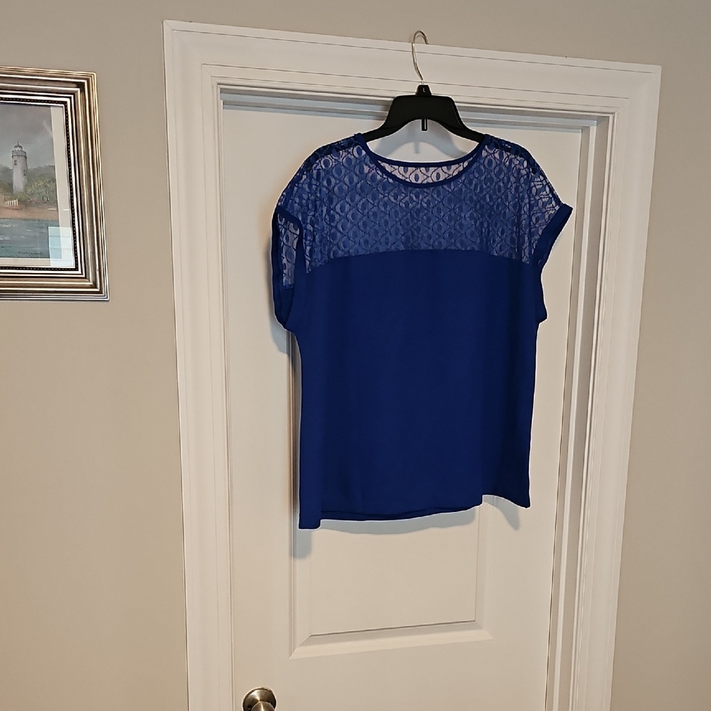 SHEIN Blue Short Sleeve Blouse with Sheer Detail